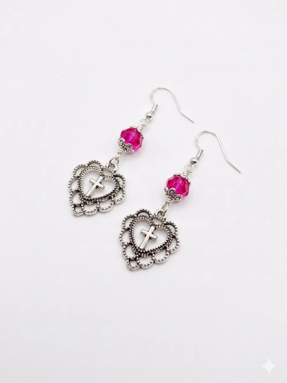 Silver Heart Cross Dangle Earrings with CZECH Pink Bead